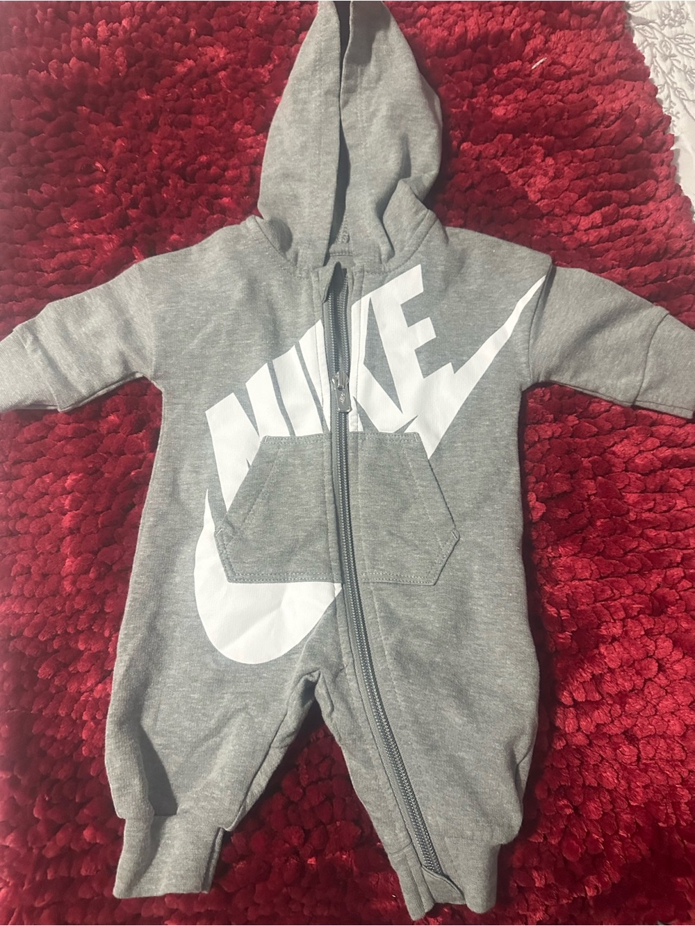 Nike Gray Hooded Zip-Up Baby One-Piece with White Logo